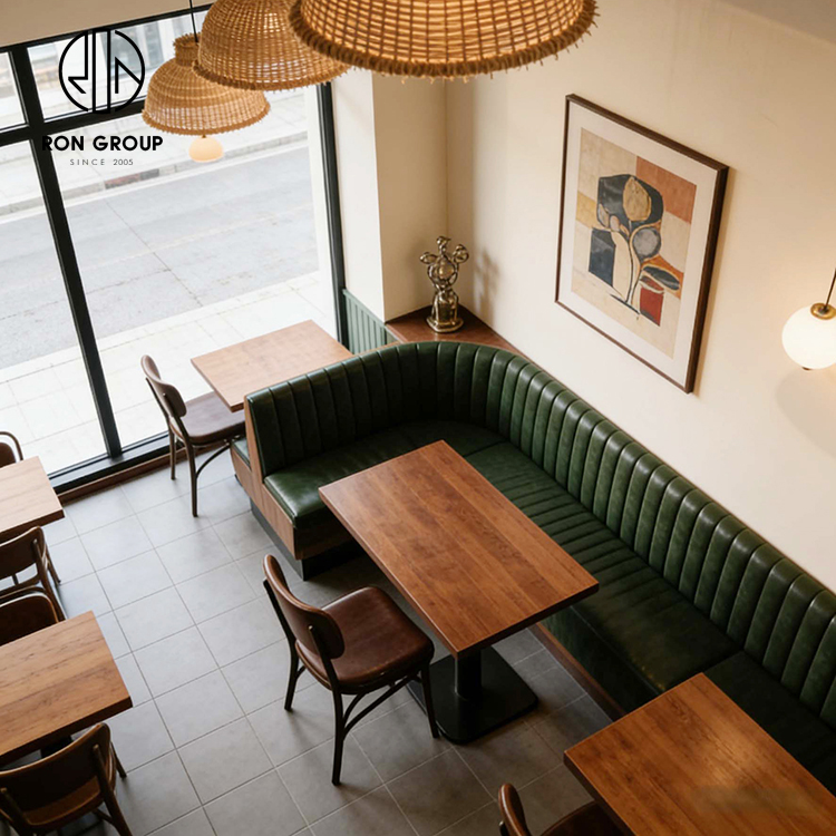 Mid-Century Restaurant Booth Seating with Dark Green Channel Tufted Banquette