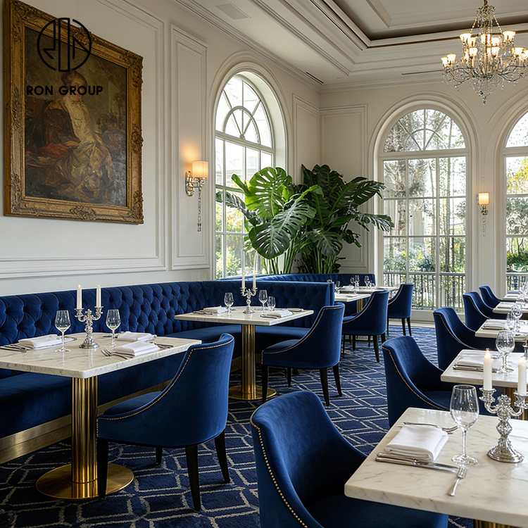 French Royal Blue Velvet Restaurant Booth Seating Set with Marble Stone Tables and Upholstered Chairs