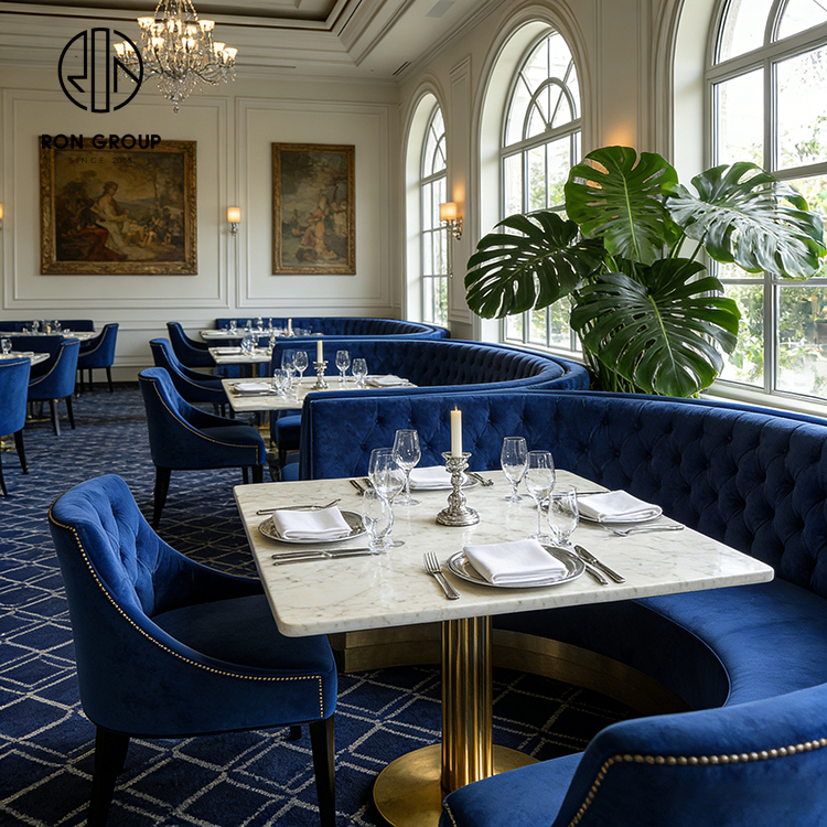 French Royal Blue Velvet Restaurant Booth Seating Set with Marble Stone Tables and Upholstered Chairs