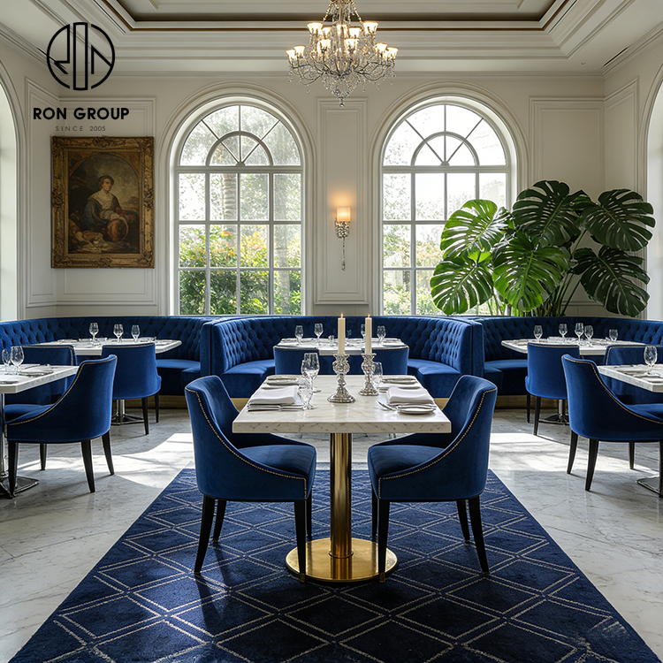 French Royal Blue Velvet Restaurant Booth Seating Set with Marble Stone Tables and Upholstered Chairs