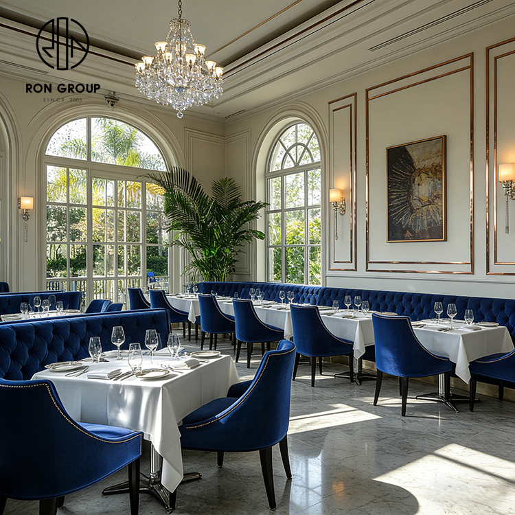 French Royal Blue Velvet Restaurant Booth Seating Set with Marble Stone Tables and Upholstered Chairs
