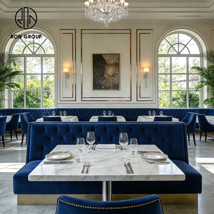 French Royal Blue Velvet Restaurant Booth Seating Set with Marble Stone Tables and Upholstered Chairs