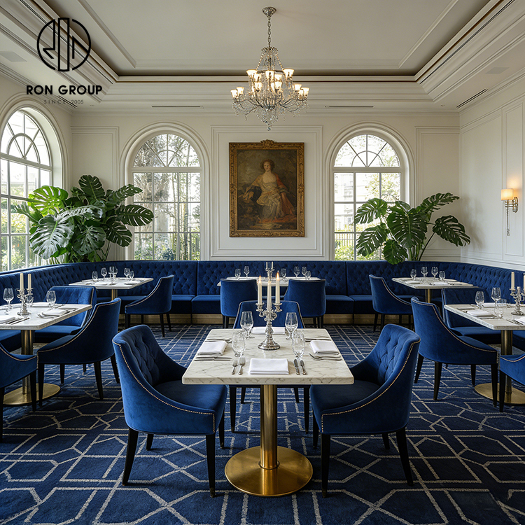 French Royal Blue Velvet Restaurant Booth Seating Set with Marble Stone Tables and Upholstered Chairs