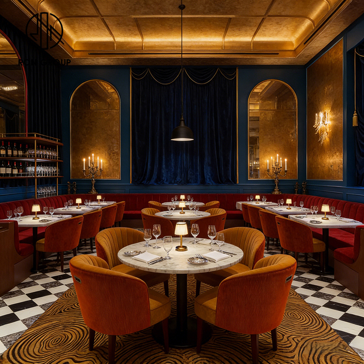 Retro Velvet Restaurant Dining Set with Round Marble Tables and Half Circle Booth Seating