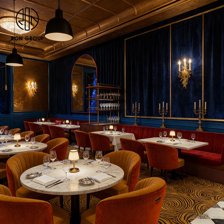 Retro Velvet Restaurant Dining Set with Round Marble Tables and Half Circle Booth Seating