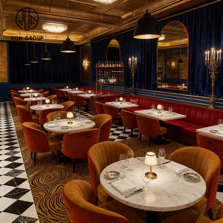 Retro Velvet Restaurant Dining Set with Round Marble Tables and Half Circle Booth Seating