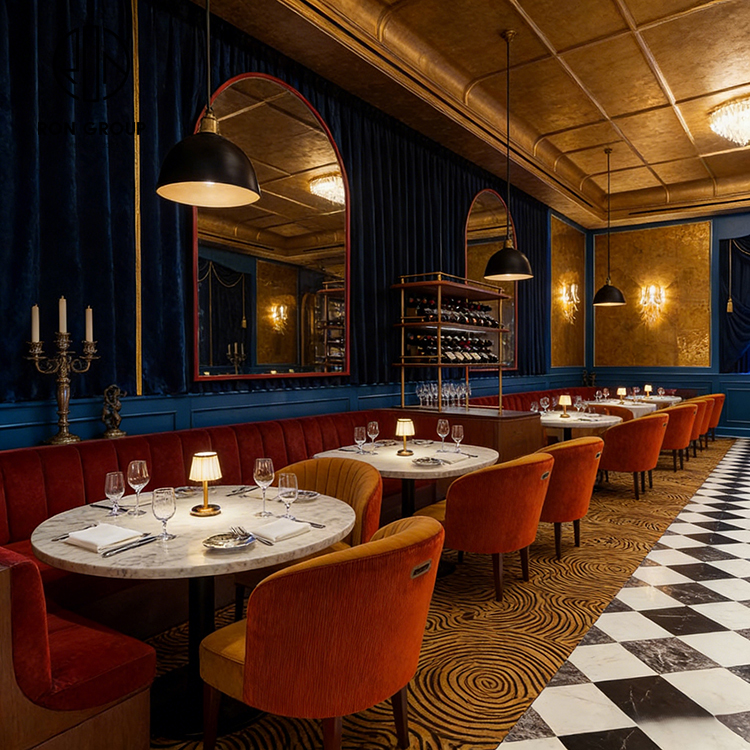 Retro Velvet Restaurant Dining Set with Round Marble Tables and Half Circle Booth Seating