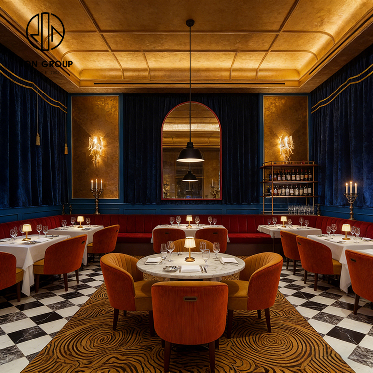 Retro Velvet Restaurant Dining Set with Round Marble Tables and Half Circle Booth Seating