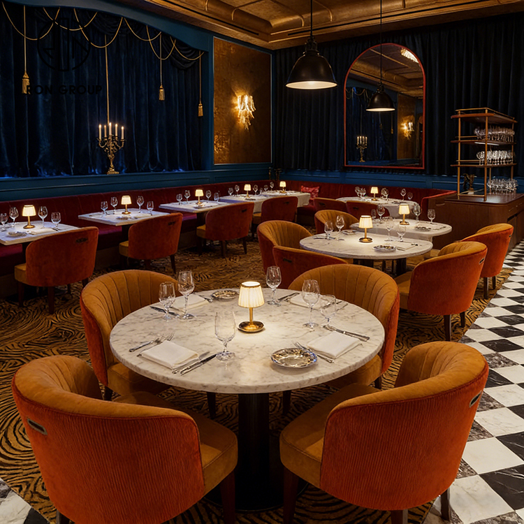 Retro Velvet Restaurant Dining Set with Round Marble Tables and Half Circle Booth Seating