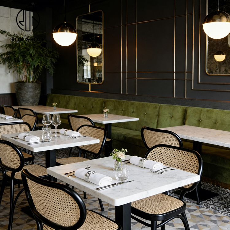 Modern Green Velvet Restaurant Banquette Booth Seating Set with Square Marble Tables and Black Rattan Chairs