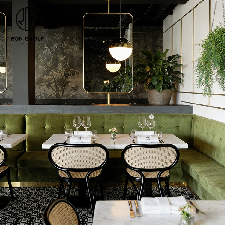 Modern Green Velvet Restaurant Banquette Booth Seating Set with Square Marble Tables and Black Rattan Chairs