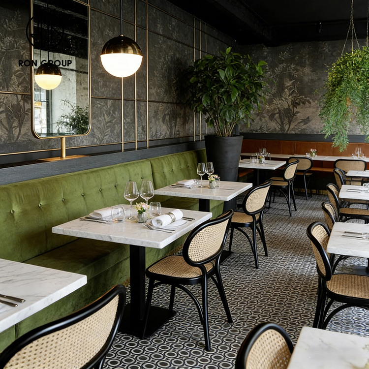 Modern Green Velvet Restaurant Banquette Booth Seating Set with Square Marble Tables and Black Rattan Chairs