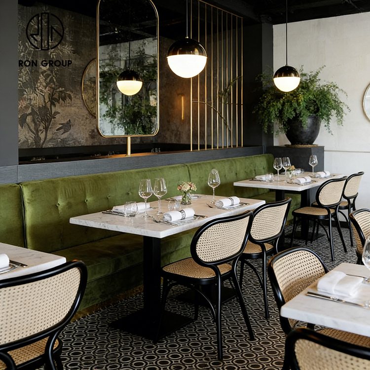 Modern Green Velvet Restaurant Banquette Booth Seating Set with Square Marble Tables and Black Rattan Chairs