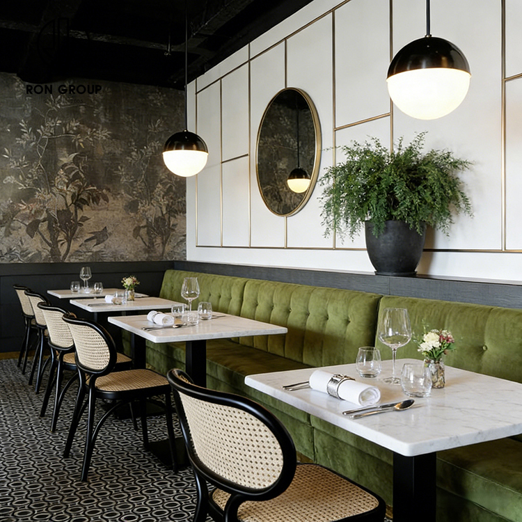 Modern Green Velvet Restaurant Banquette Booth Seating Set with Square Marble Tables and Black Rattan Chairs