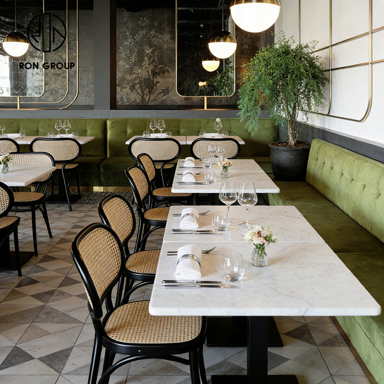 Modern Green Velvet Restaurant Banquette Booth Seating Set with Square Marble Tables and Black Rattan Chairs