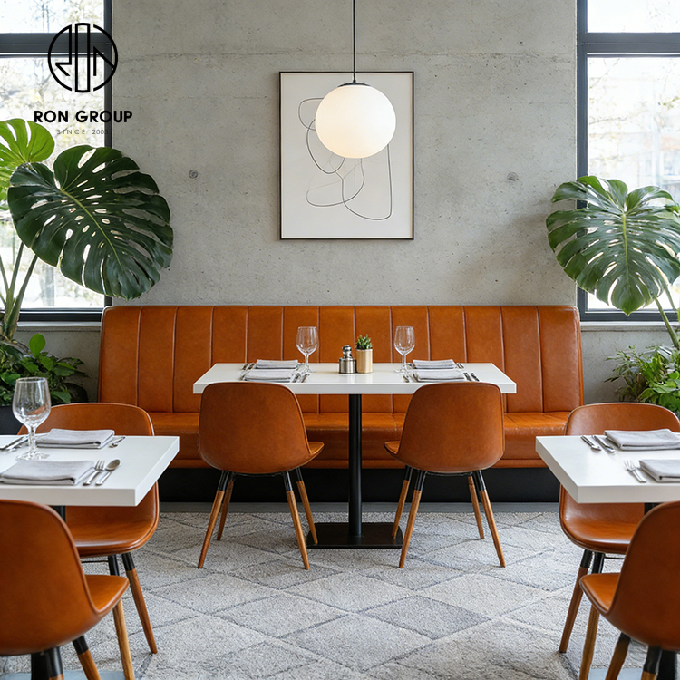 Industrial Brown Leather Restaurant Banquette Booth Seating Set with White Stone Tables and Dining Chairs