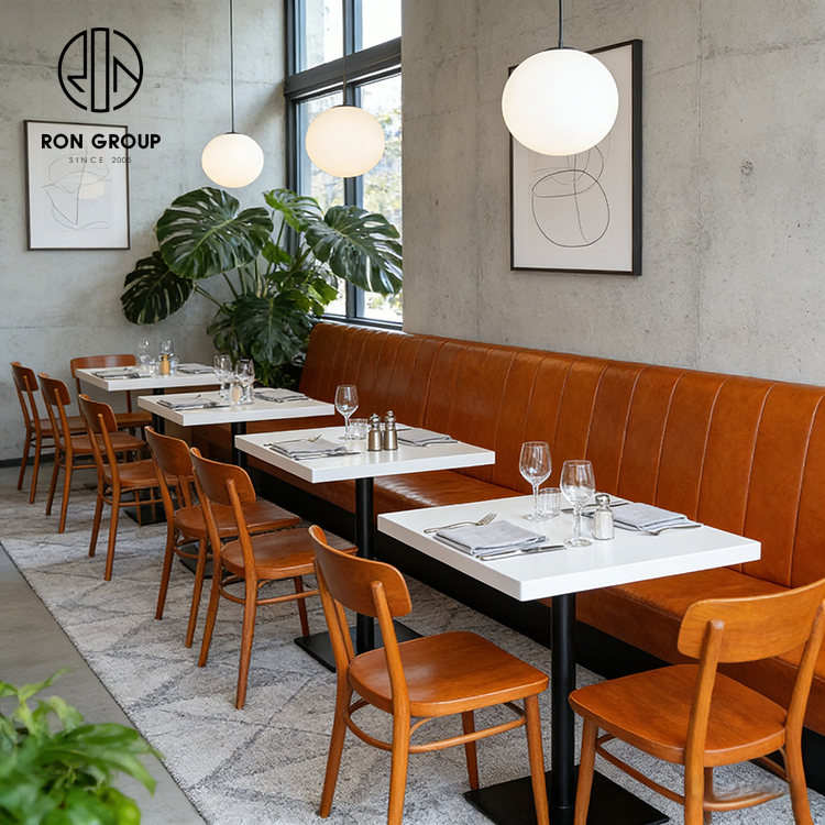 Industrial Brown Leather Restaurant Banquette Booth Seating Set with White Stone Tables and Dining Chairs