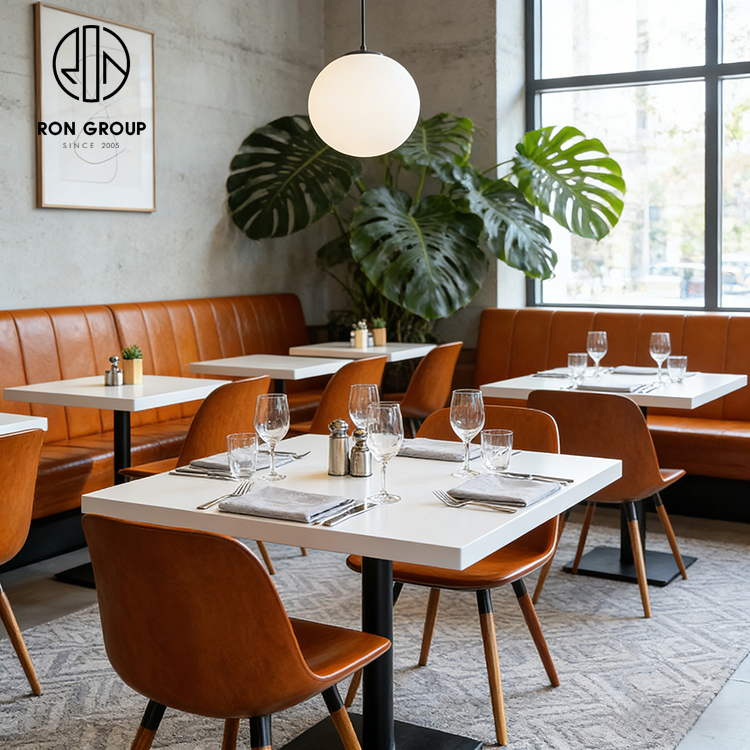 Industrial Brown Leather Restaurant Banquette Booth Seating Set with White Stone Tables and Dining Chairs
