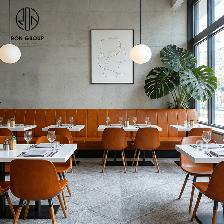 Industrial Brown Leather Restaurant Banquette Booth Seating Set with White Stone Tables and Dining Chairs