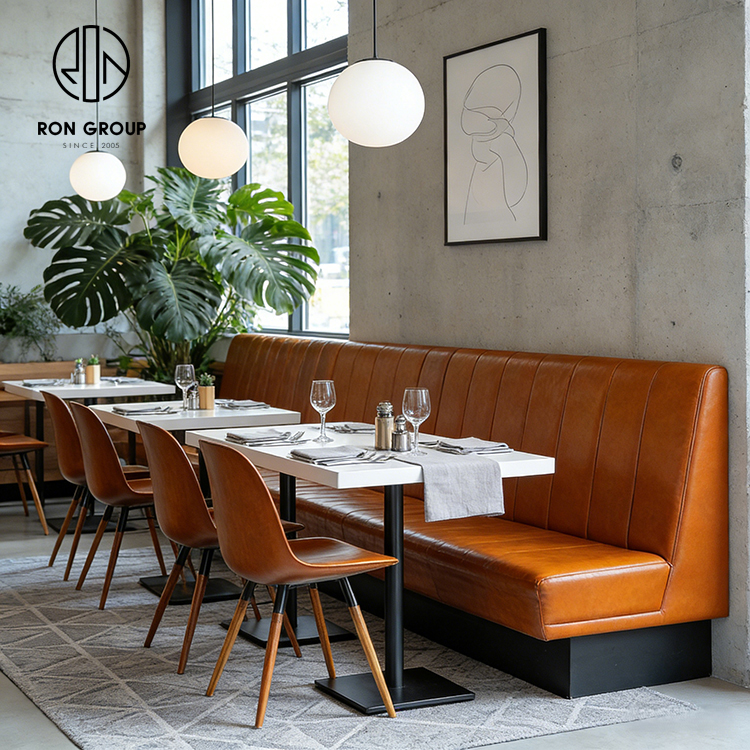 Industrial Brown Leather Restaurant Banquette Booth Seating Set with White Stone Tables and Dining Chairs