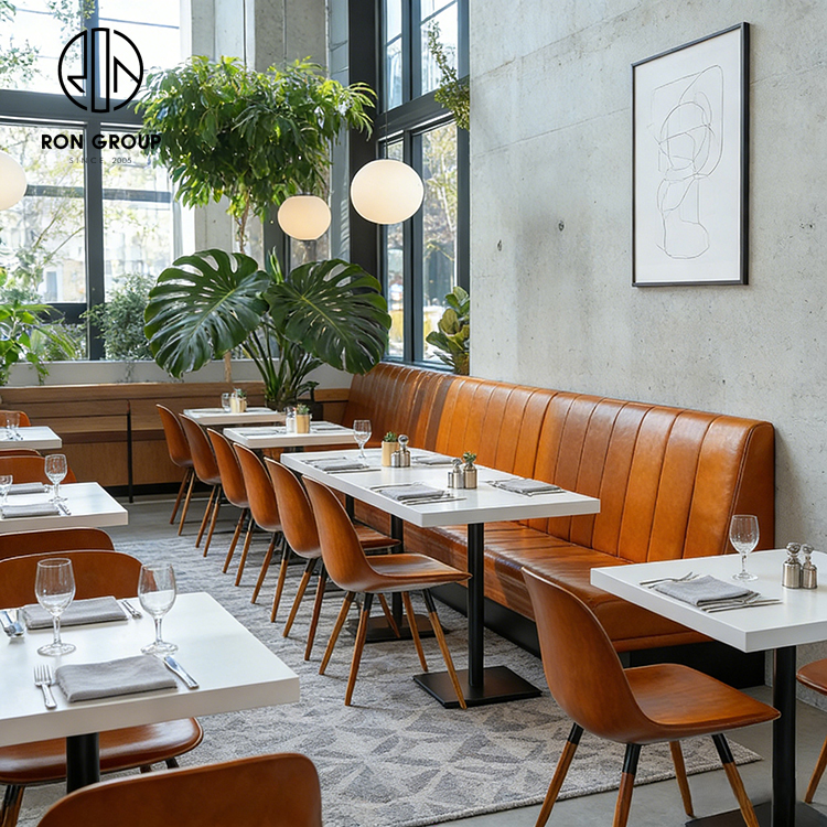 Industrial Brown Leather Restaurant Banquette Booth Seating Set with White Stone Tables and Dining Chairs