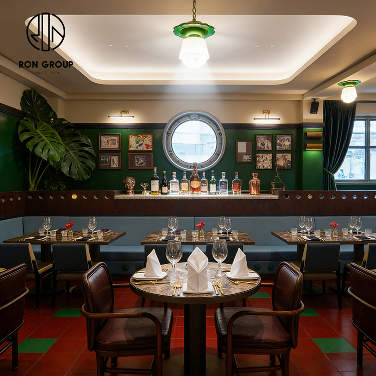 Vintage British Steakhouse Restaurant Booth Seating Set with Blue Leather Banquette and Square Stone Tables
