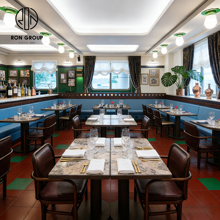 Vintage British Steakhouse Restaurant Booth Seating Set with Blue Leather Banquette and Square Stone Tables