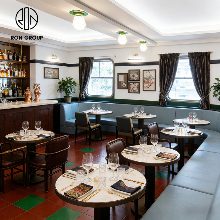 Vintage British Steakhouse Restaurant Booth Seating Set with Blue Leather Banquette and Square Stone Tables