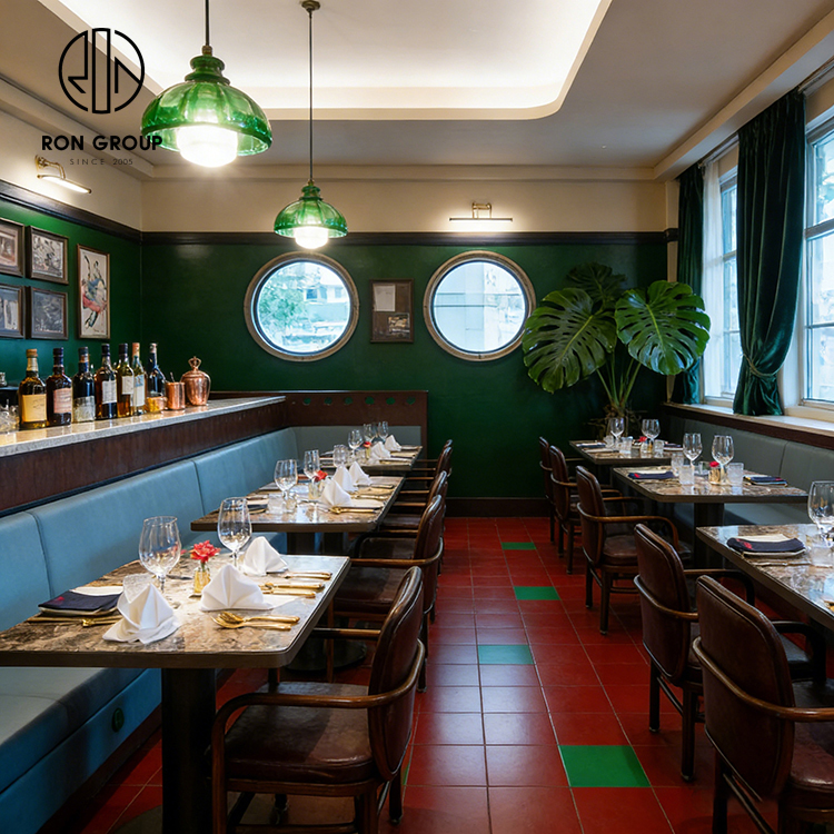 Vintage British Steakhouse Restaurant Booth Seating Set with Blue Leather Banquette and Square Stone Tables