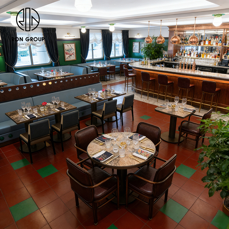 Vintage British Steakhouse Restaurant Booth Seating Set with Blue Leather Banquette and Square Stone Tables