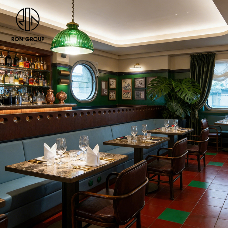 Vintage British Steakhouse Restaurant Booth Seating Set with Blue Leather Banquette and Square Stone Tables