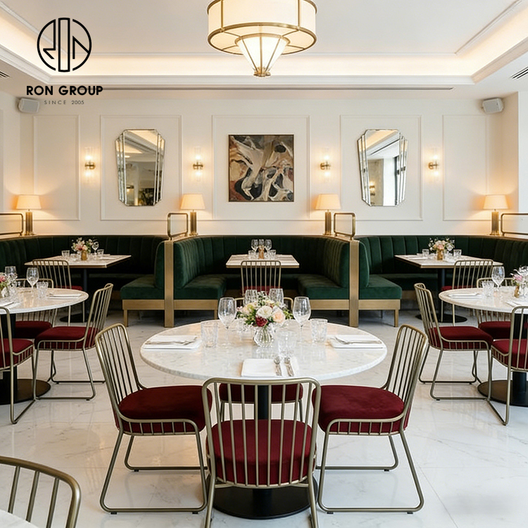 Luxury Velvet Curved Restaurant Booth Seating Set with Marble Tables and Gold Metal Dining Chairs