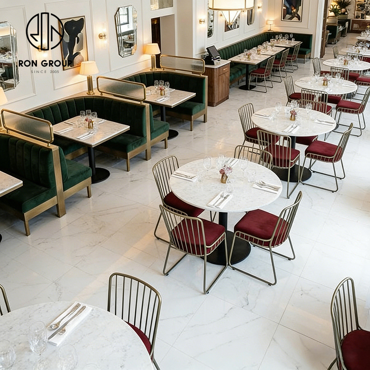 Luxury Velvet Curved Restaurant Booth Seating Set with Marble Tables and Gold Metal Dining Chairs