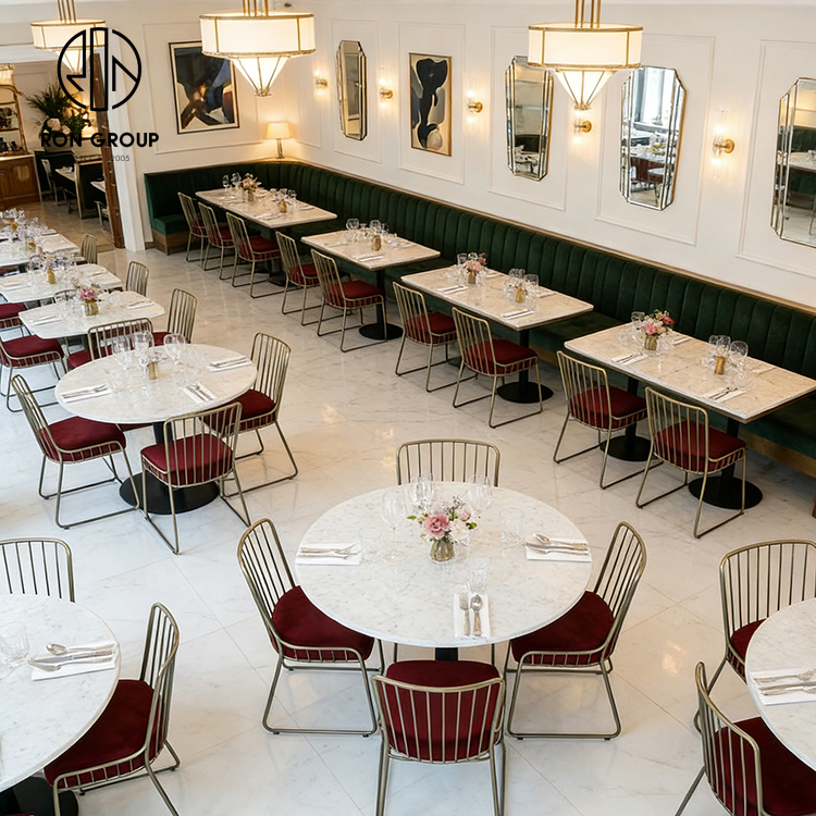 Luxury Velvet Curved Restaurant Booth Seating Set with Marble Tables and Gold Metal Dining Chairs
