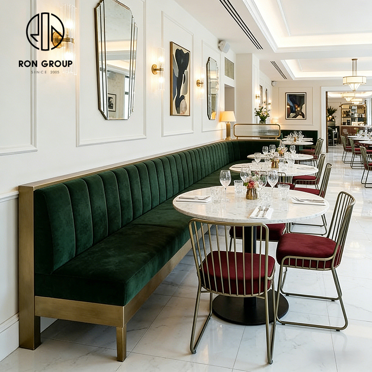 Luxury Velvet Curved Restaurant Booth Seating Set with Marble Tables and Gold Metal Dining Chairs