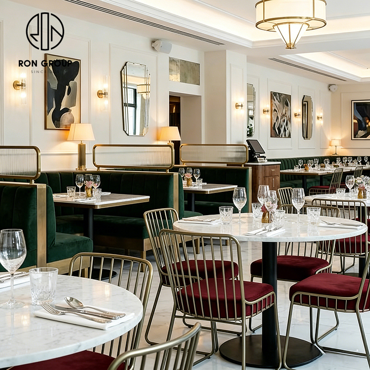 Luxury Velvet Curved Restaurant Booth Seating Set with Marble Tables and Gold Metal Dining Chairs