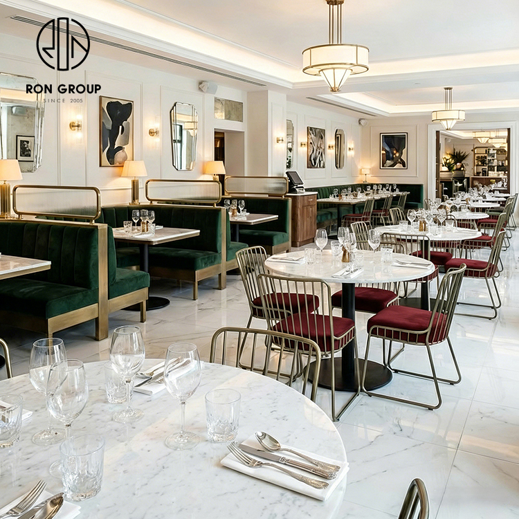 Luxury Velvet Curved Restaurant Booth Seating Set with Marble Tables and Gold Metal Dining Chairs