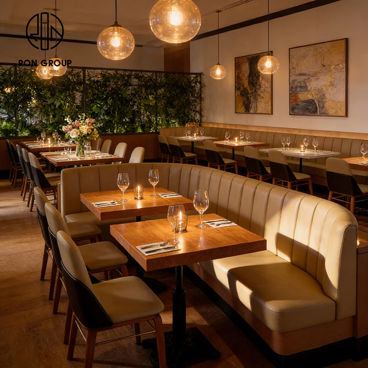 Modern Cream Leather Curved Restaurant Booth Seating Set with Square Wood Tables and Upholstered Chairs