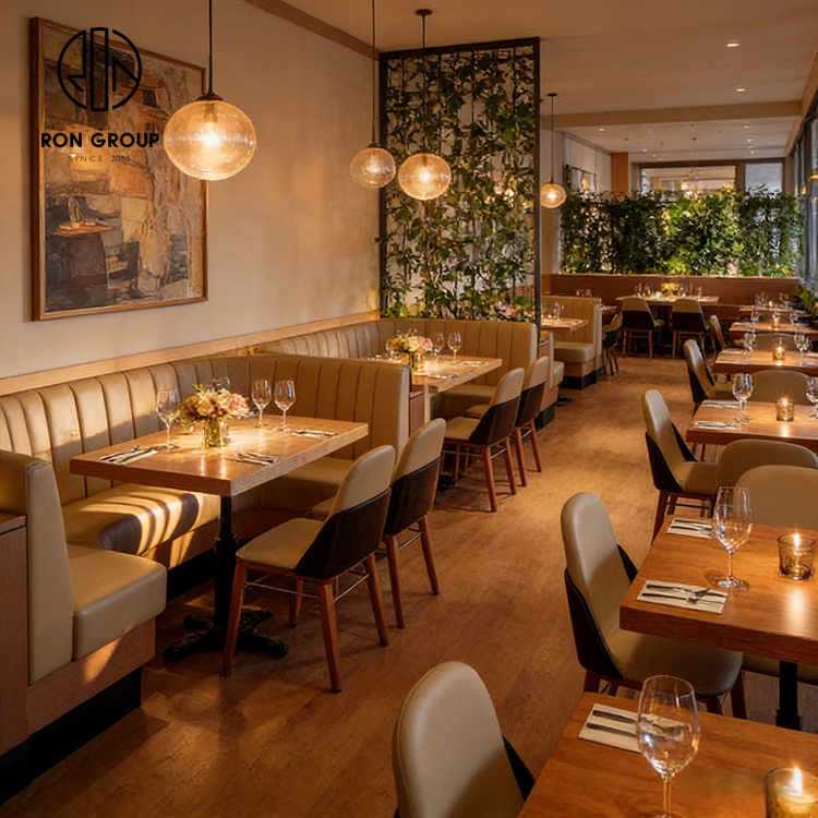 Modern Cream Leather Curved Restaurant Booth Seating Set with Square Wood Tables and Upholstered Chairs