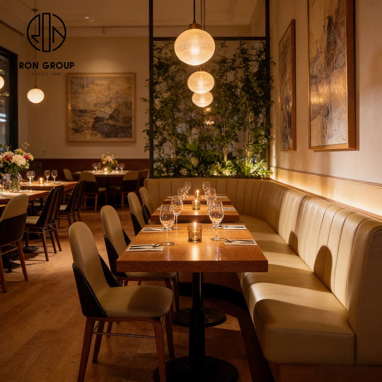Modern Cream Leather Curved Restaurant Booth Seating Set with Square Wood Tables and Upholstered Chairs