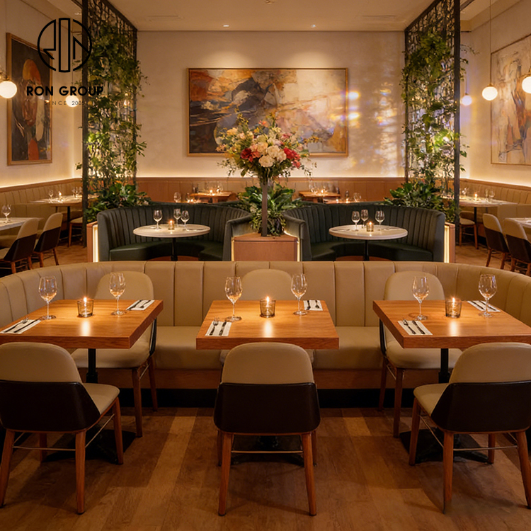 Modern Cream Leather Curved Restaurant Booth Seating Set with Square Wood Tables and Upholstered Chairs