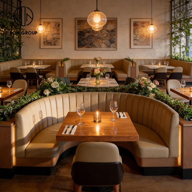 Modern Cream Leather Curved Restaurant Booth Seating Set with Square Wood Tables and Upholstered Chairs