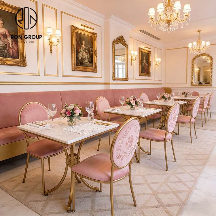 Elegant French Pink Velvet Restaurant Booth Seating Set with Gold Frame Chairs and Sintered Stone Tables