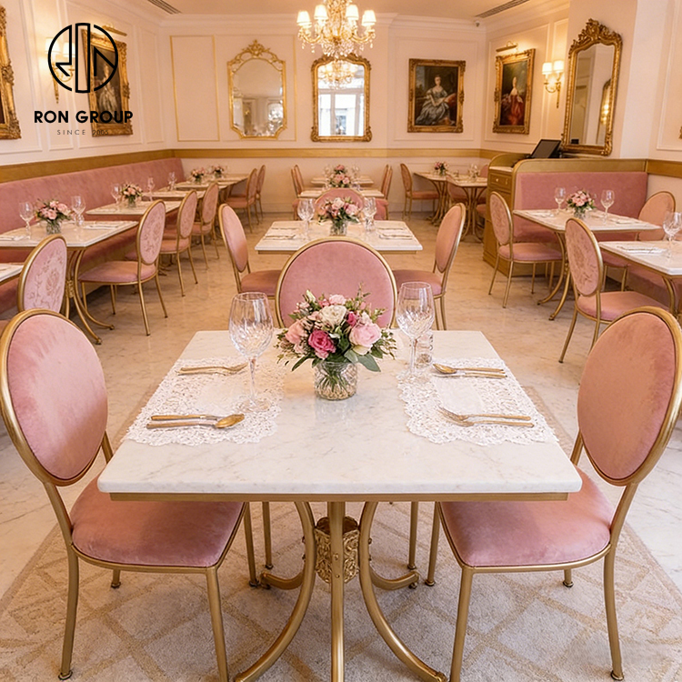 Elegant French Pink Velvet Restaurant Booth Seating Set with Gold Frame Chairs and Sintered Stone Tables