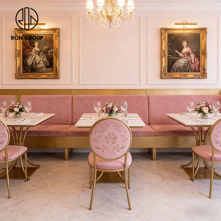 Elegant French Pink Velvet Restaurant Booth Seating Set with Gold Frame Chairs and Sintered Stone Tables
