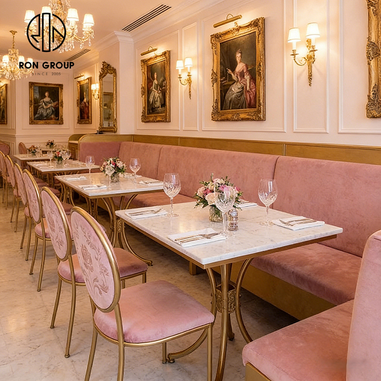 Elegant French Pink Velvet Restaurant Booth Seating Set with Gold Frame Chairs and Sintered Stone Tables