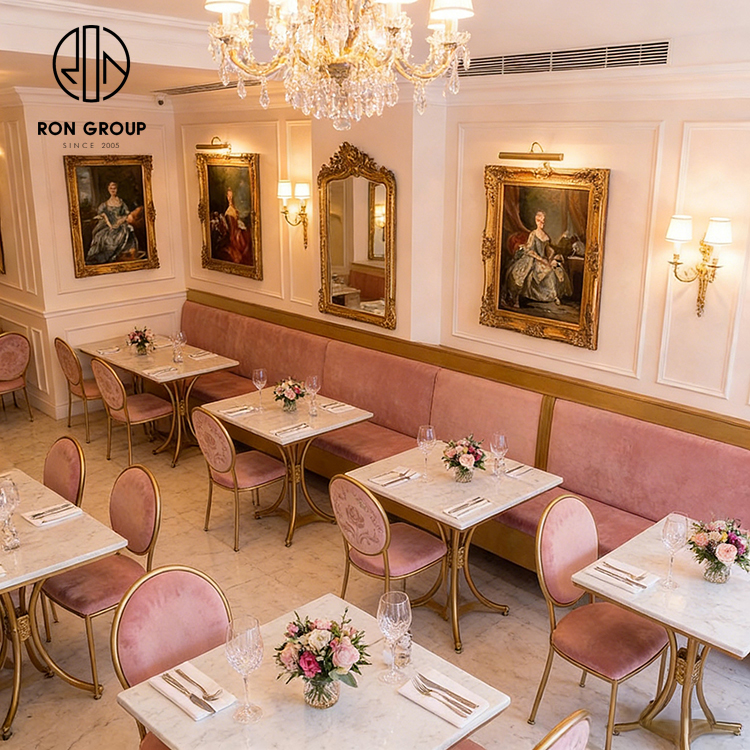 Elegant French Pink Velvet Restaurant Booth Seating Set with Gold Frame Chairs and Sintered Stone Tables