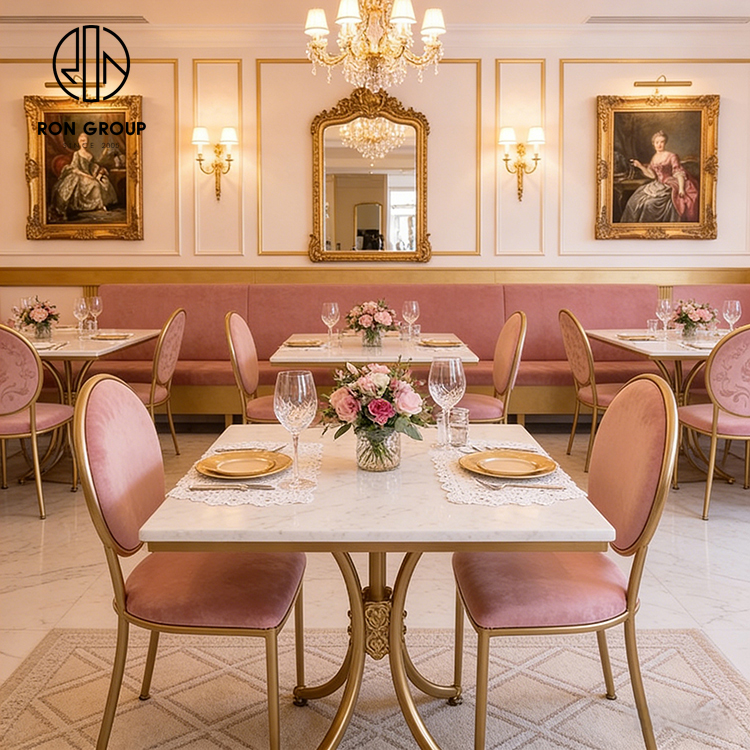 Elegant French Pink Velvet Restaurant Booth Seating Set with Gold Frame Chairs and Sintered Stone Tables