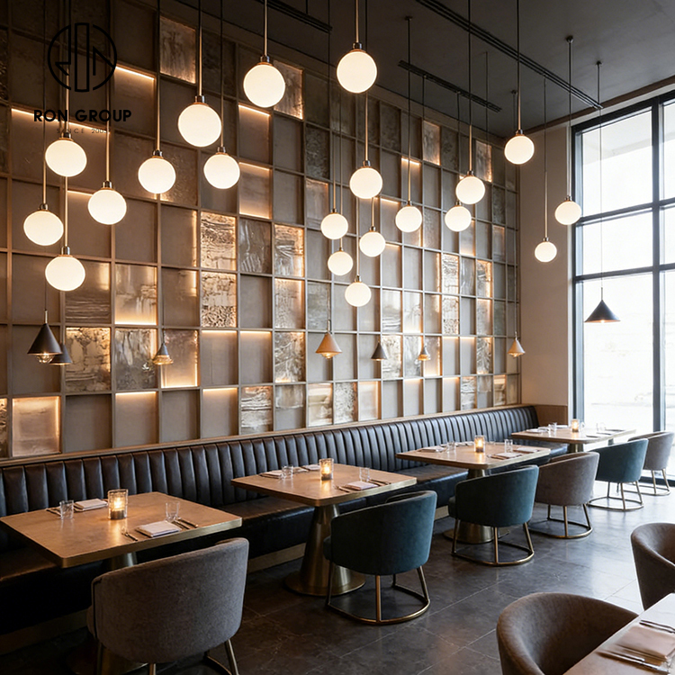Modern High-End Restaurant Furniture Set with Square Sintered Stone Tables, Velvet Chairs and Black Leather Booth Seating