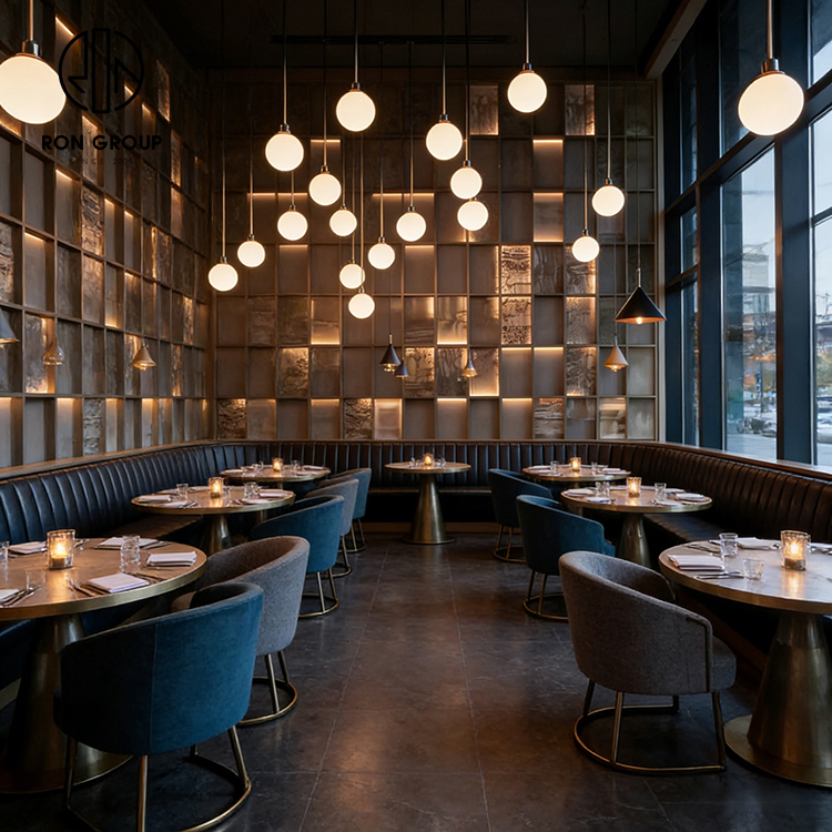 Modern High-End Restaurant Furniture Set with Square Sintered Stone Tables, Velvet Chairs and Black Leather Booth Seating